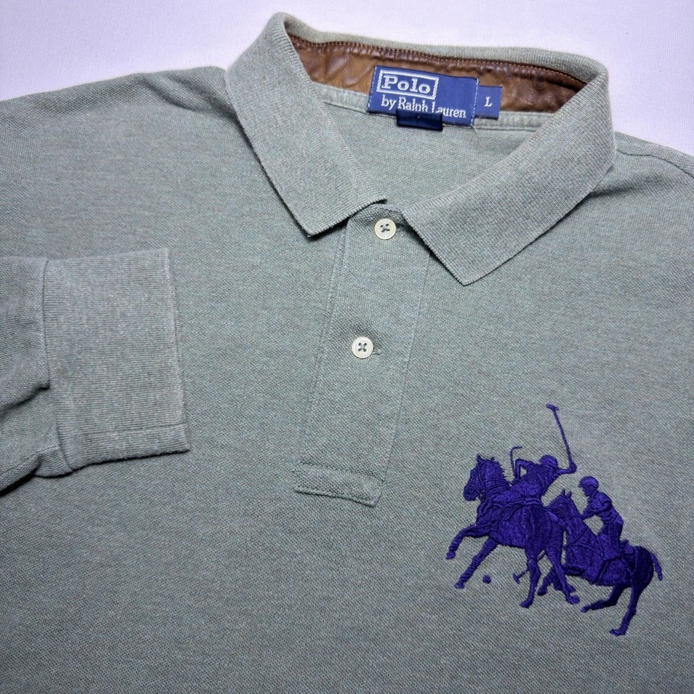 Polo Ralph Lauren Large OliveGreen Double Big Pony Long Sleeve Polo Leather Trim